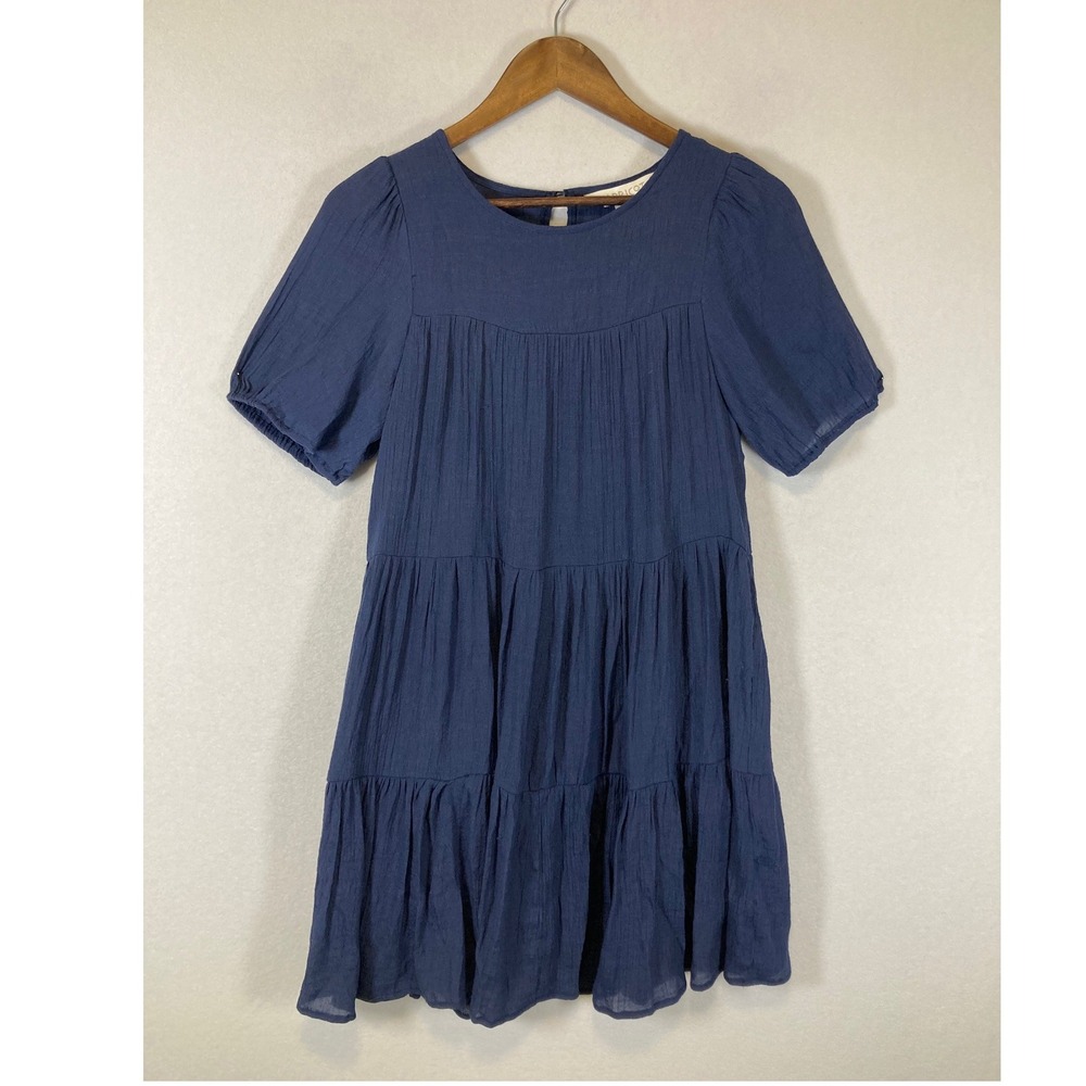 Coastal Grandma Apricot Women Size 4 Navy Blue Tiered Puff Sleeve Mini‎ Dress